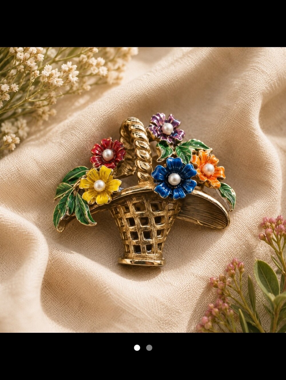 Vintage Floral Basket Brooch with Multicolor Accents